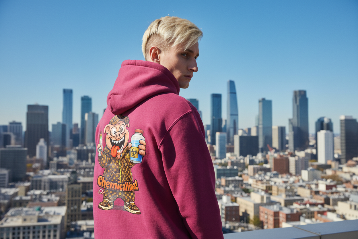 You modeling deep pink crazy pig hoodie - face visible